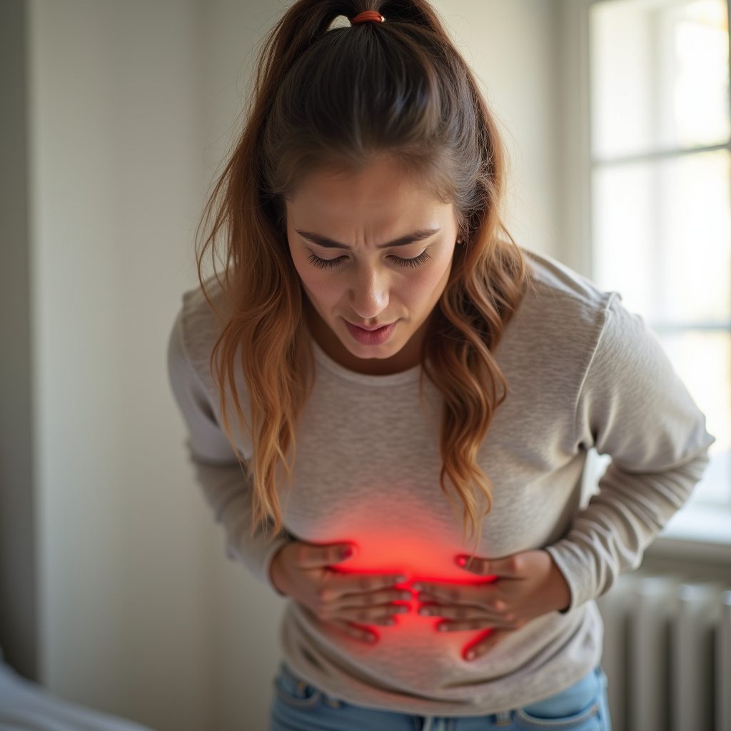 Woman experiencing sudden abdominal pain, clutching stomach. Bright, natural light. 8K, sharp Mulher com dor abdominal aguda.