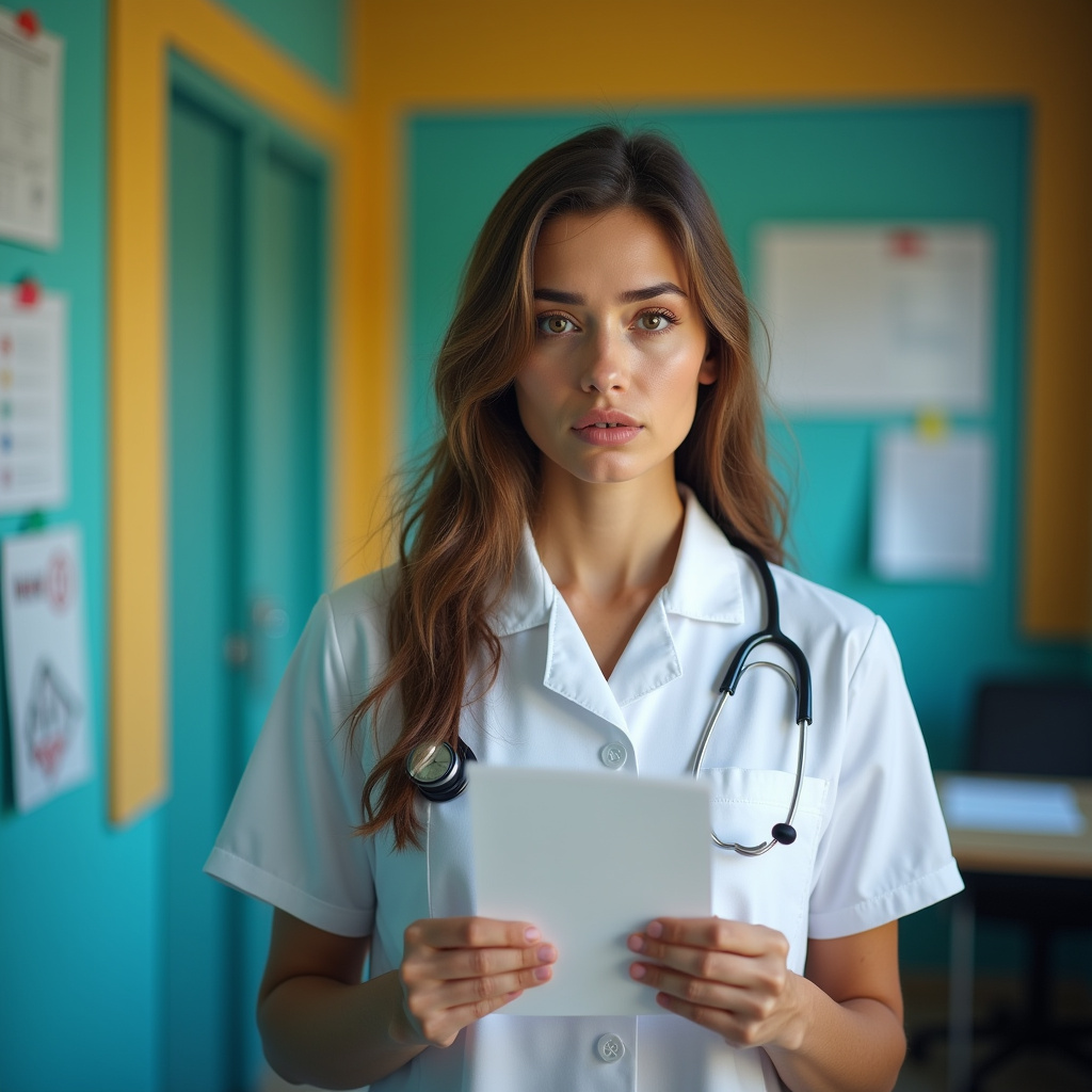 Woman in colorful Brazilian-style doctor's office, holding medical form, concerned expression. Mulher preocupada em consultório médico com atestado.