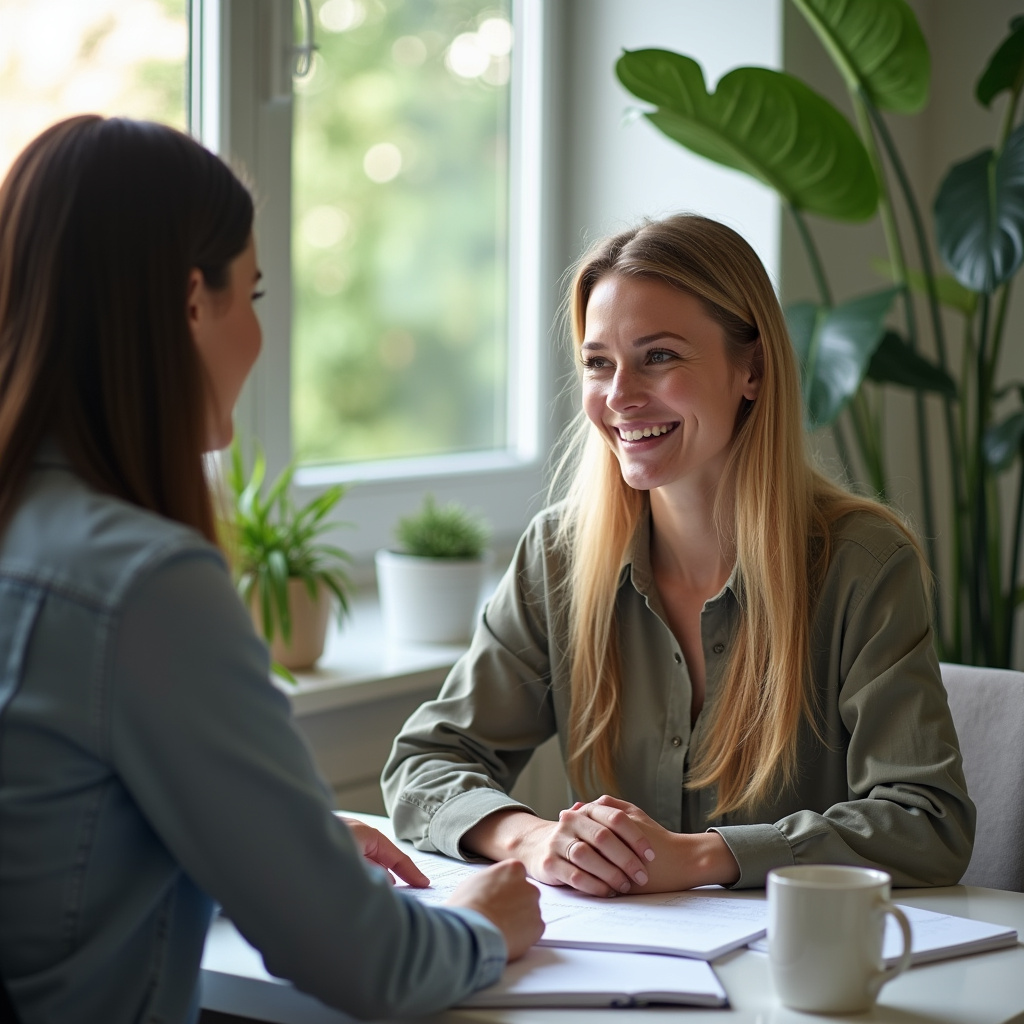 Woman smiling, discussing website design options with agency representative in a modern, Mulher reunida com agência de site, discutindo design.