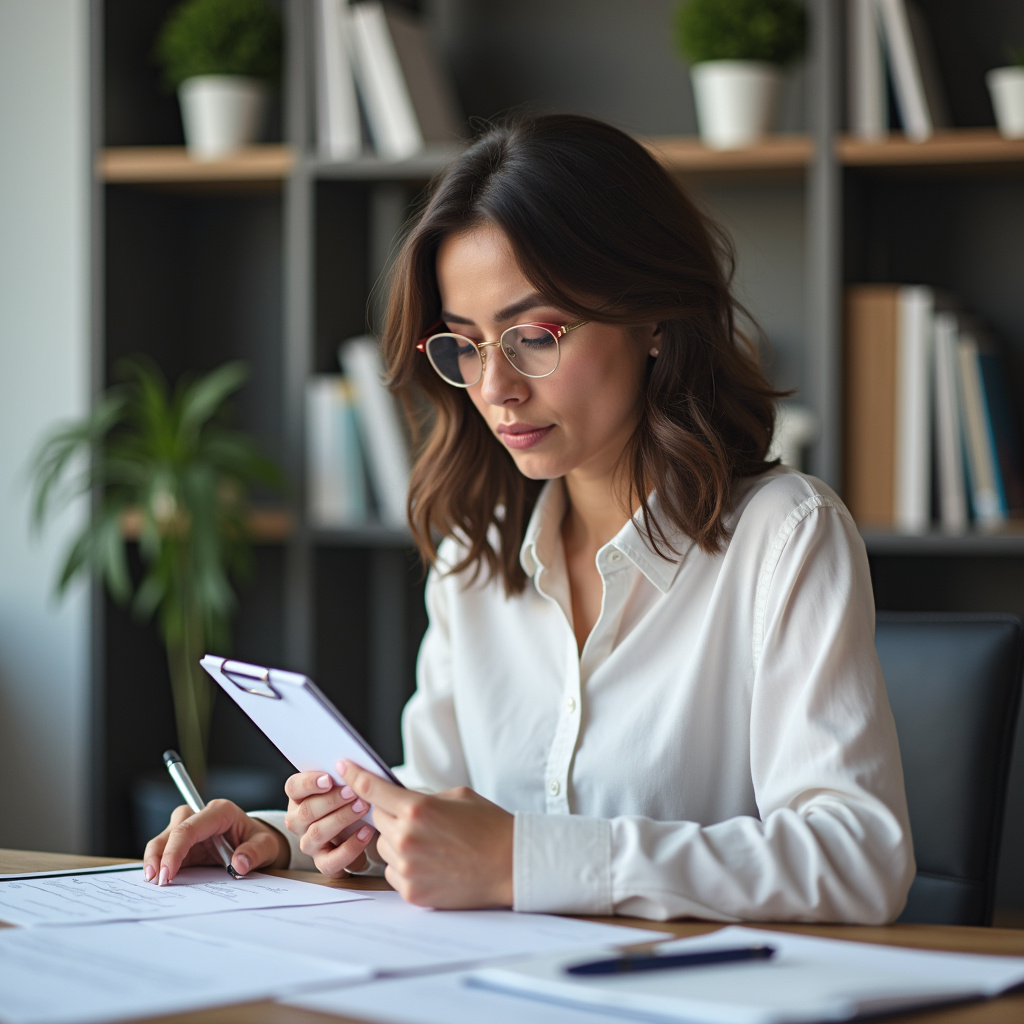 Woman using a checklist to evaluate website agencies. Modern workspace, organized desk, Checklist para escolher agência de site ideal.