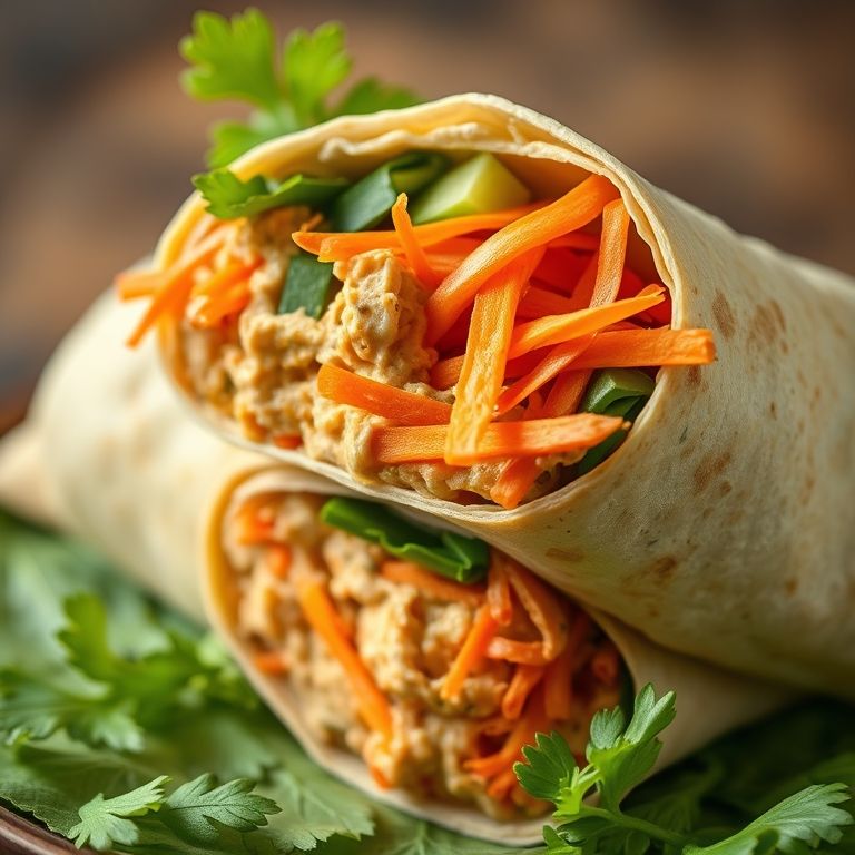 Wrap de cenoura ralada com homus e vegetais.