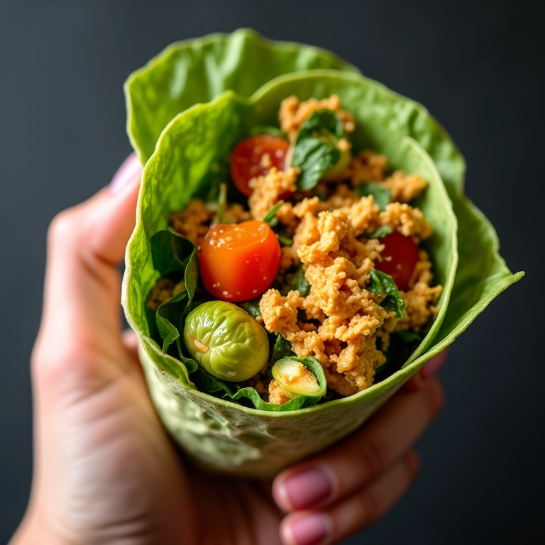 Wrap de couve de Bruxelas com frango desfiado e curry, cores vibrantes.