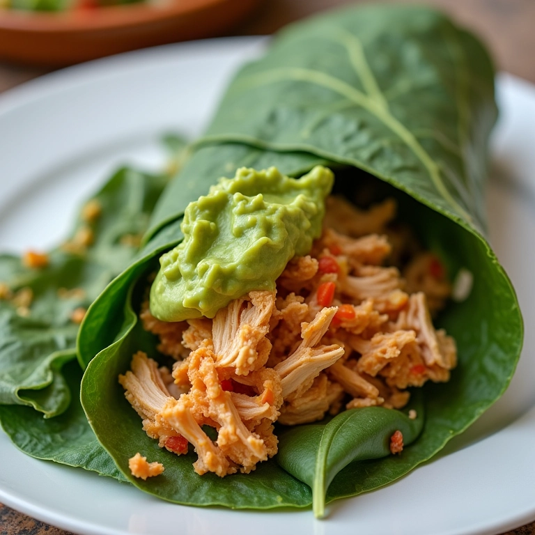 Wrap de espinafre com frango desfiado e guacamole.