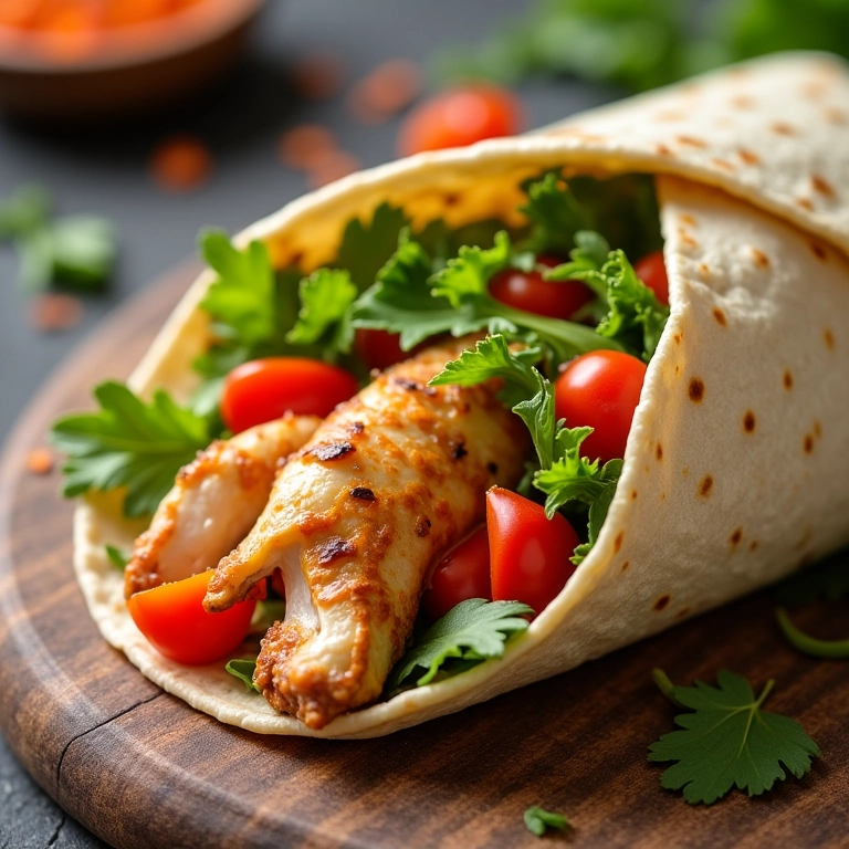 Wrap de frango com legumes em tortilha de trigo integral.