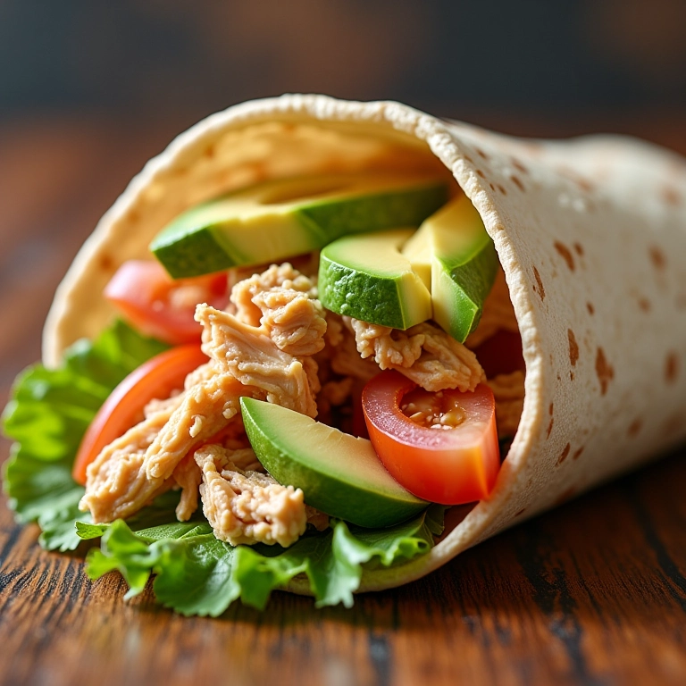 Wrap integral com frango desfiado e abacate, uma opção prática e saborosa para sua marmita.