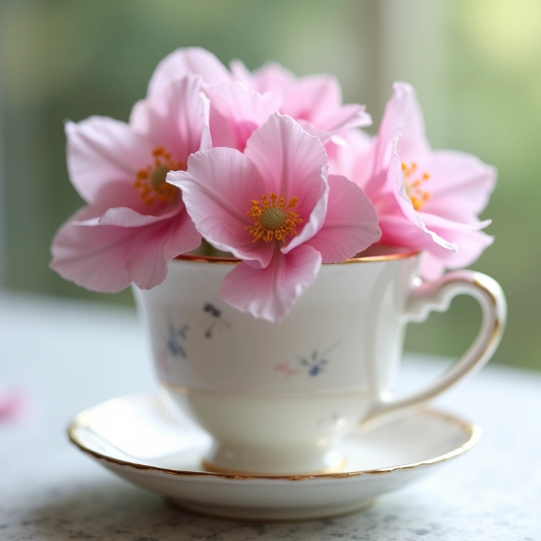 Xícara com hortênsias, beleza cautelosa e delicada.