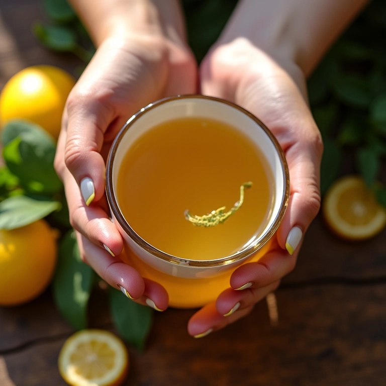 Xícara de chá de melissa fumegante.