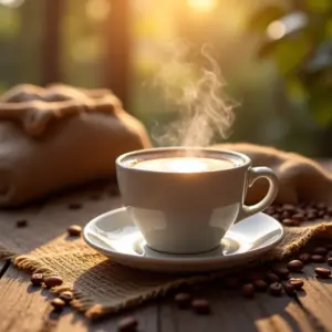 Xícara fumegante de café especial em mesa rústica com grãos e saco de juta.
