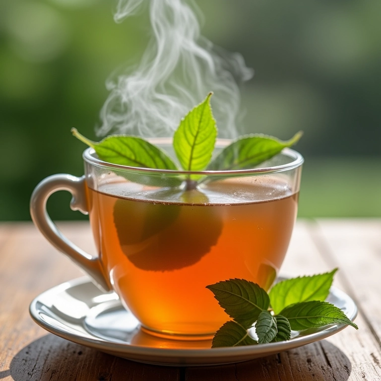 Xícara fumegante de chá de estévia com folhas frescas.