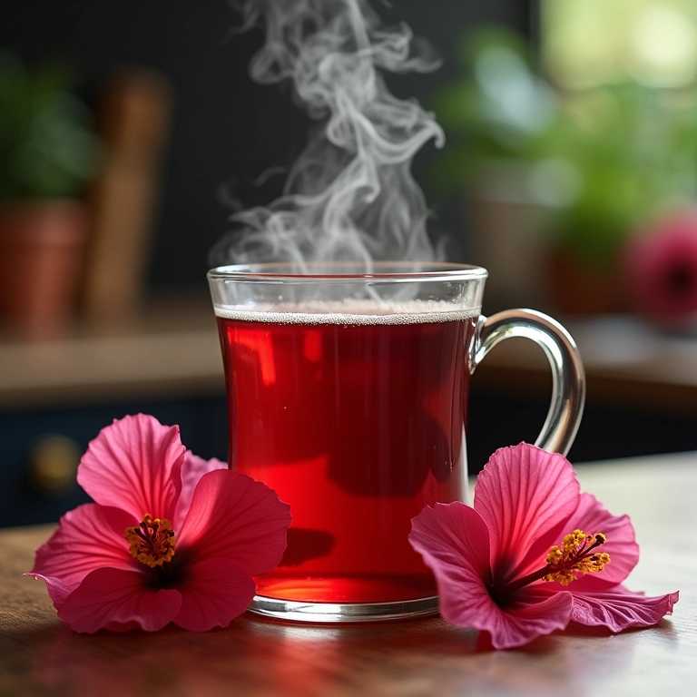 Xícara fumegante de chá de hibisco em cozinha Farm Rio.