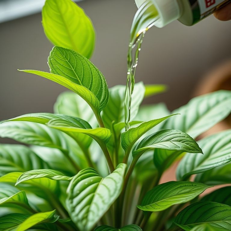 Zamioculca sendo adubada com fertilizante líquido.