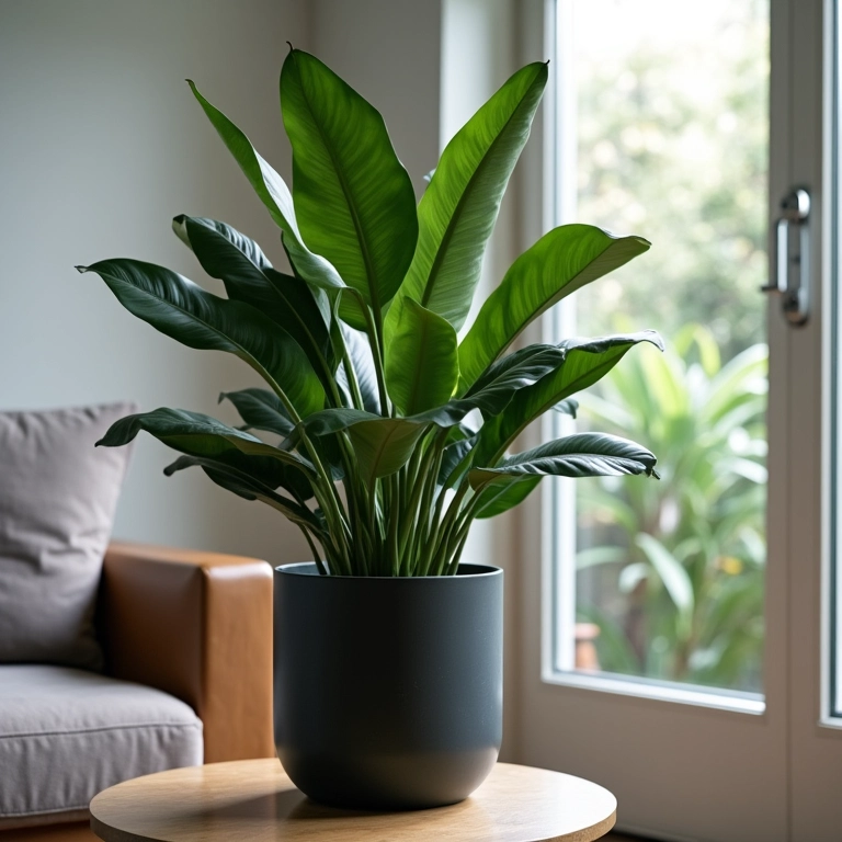 Zamioculcas em vaso minimalista na sala de estar.