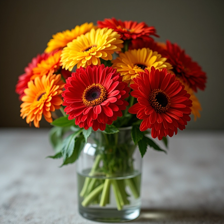 ZĂnias coloridas em vaso de vidro, simbolizando lembranças afetuosas.