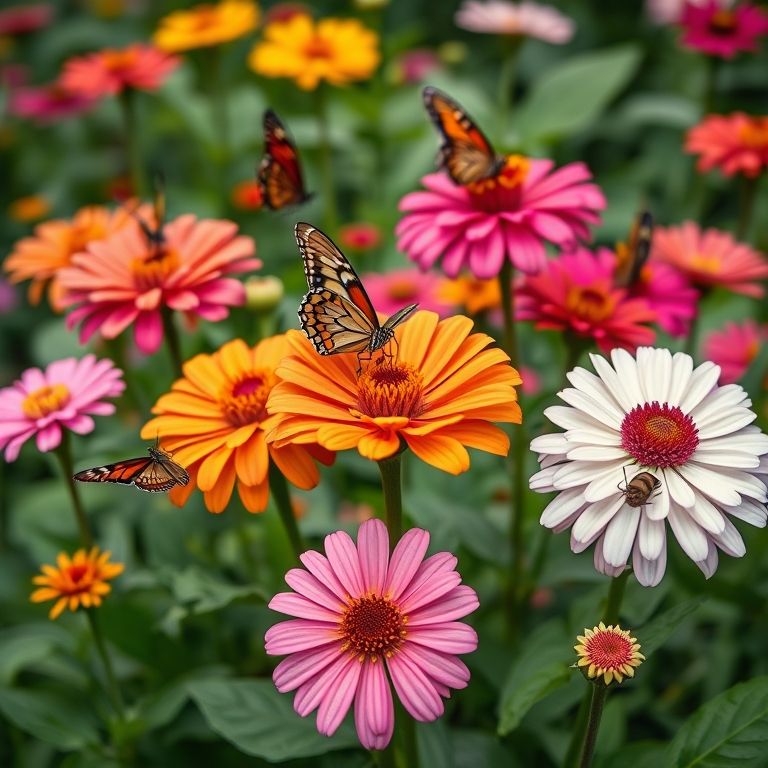 Zínias com diversas cores e borboletas.
