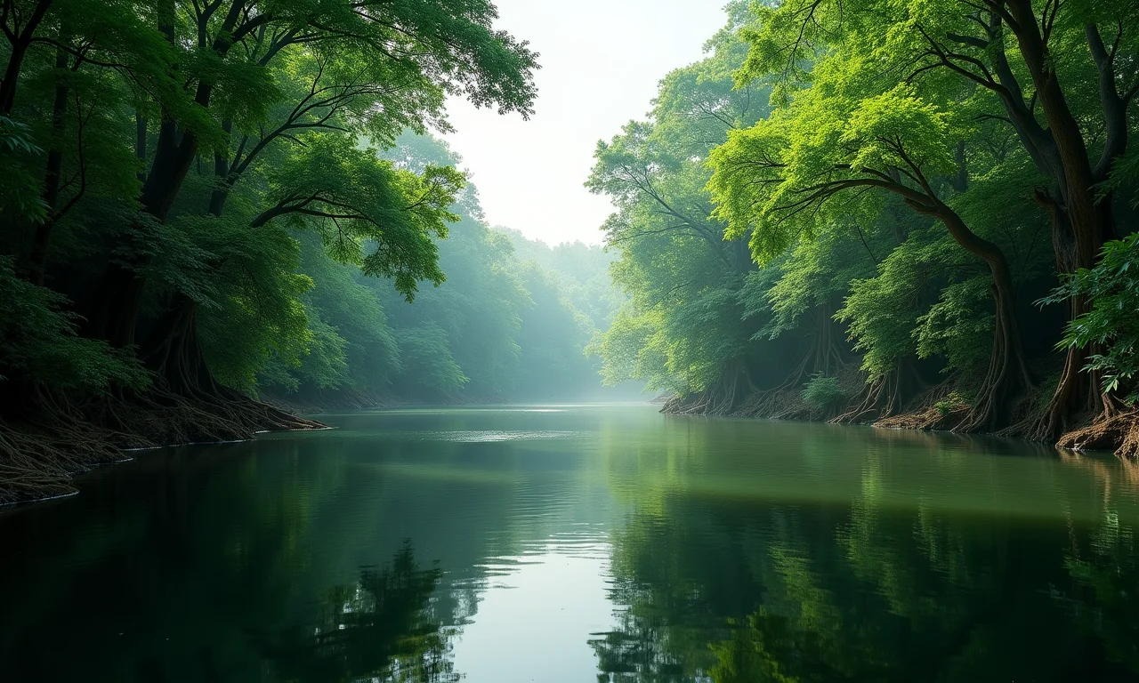 A vasta extensão da floresta Amazônica refletida no rio Amazonas.