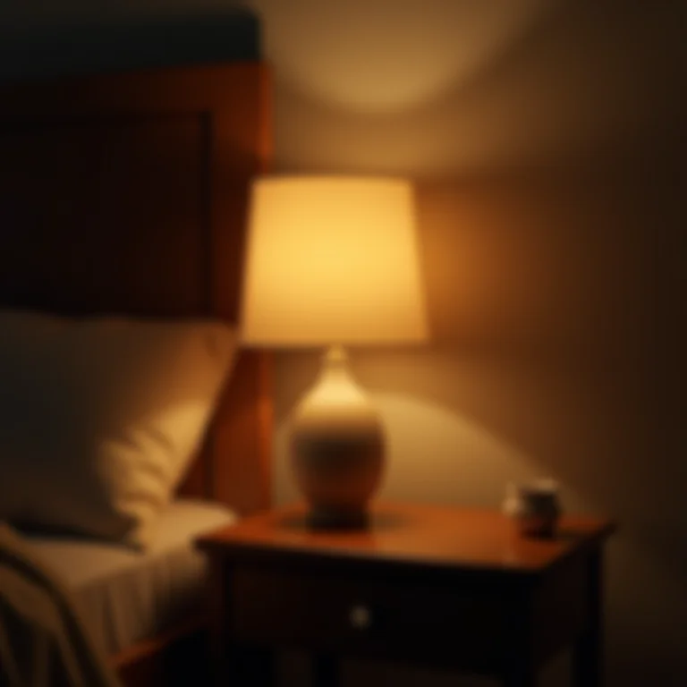 Abajur com cúpula de tecido claro na mesa de cabeceira