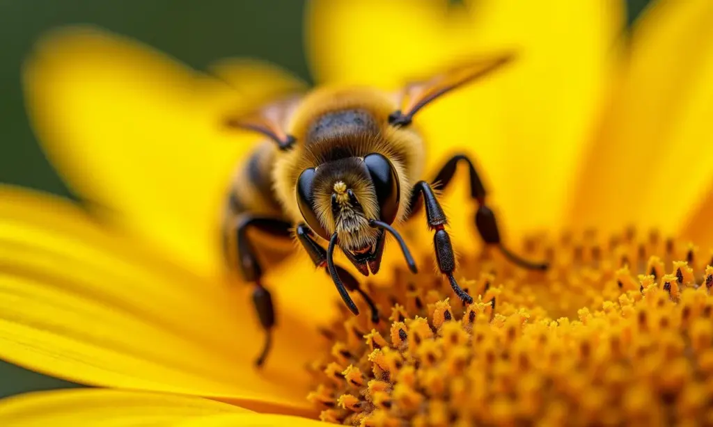 Abelha coletando pólen de girassol, polinização essencial.