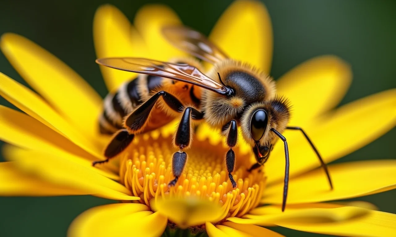 Abelha polinizadora eficiente, detalhe da coleta de néctar.