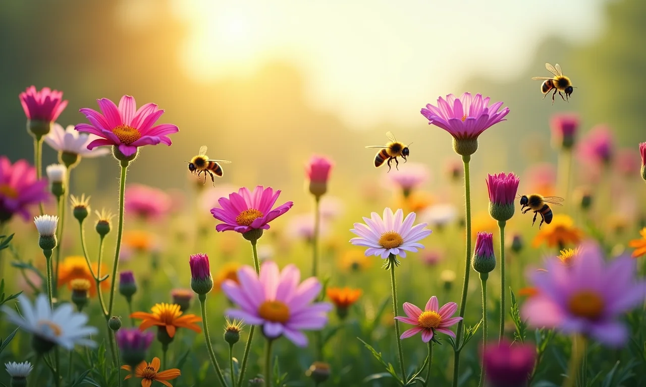 Abelhas em campo de flores silvestres, biodiversidade.