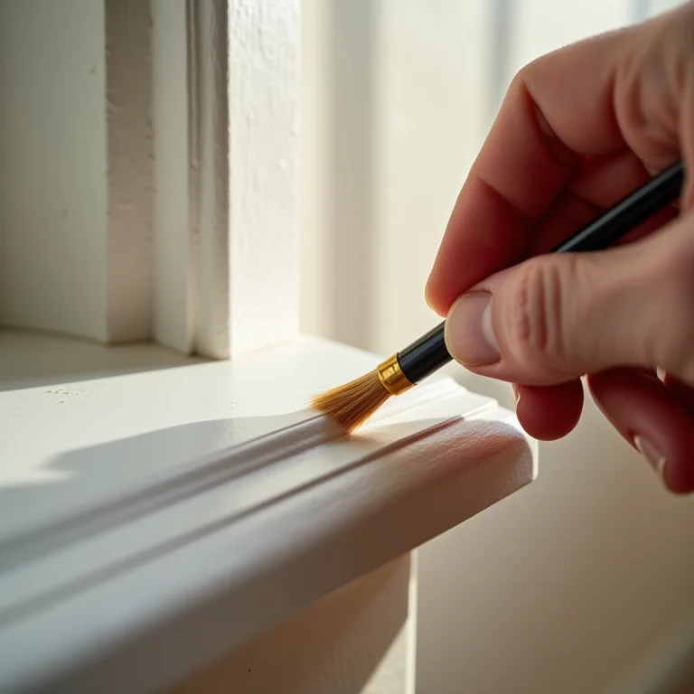 Acabamento detalhado de rodapé com pincel pequeno.