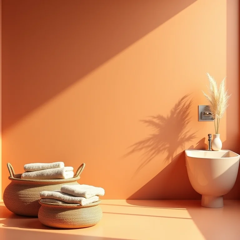 Acessórios de banheiro em tons complementares ao terracota.