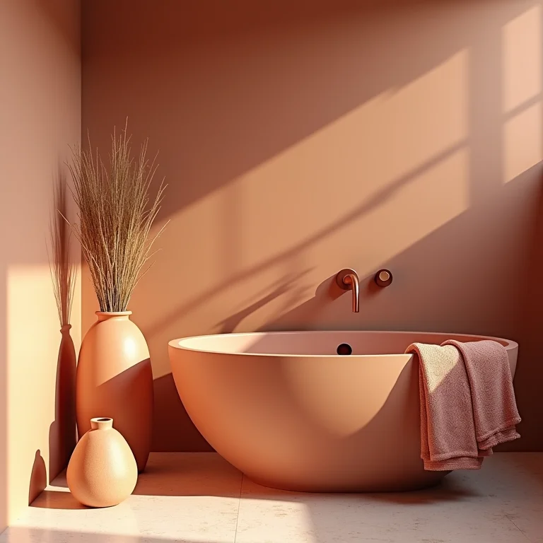 Acessórios de decoração em terracota em um banheiro.