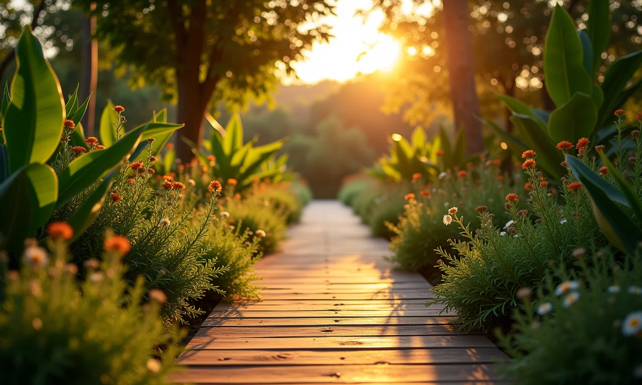 Aconchegante caminho de madeira em jardim com iluminação quente.