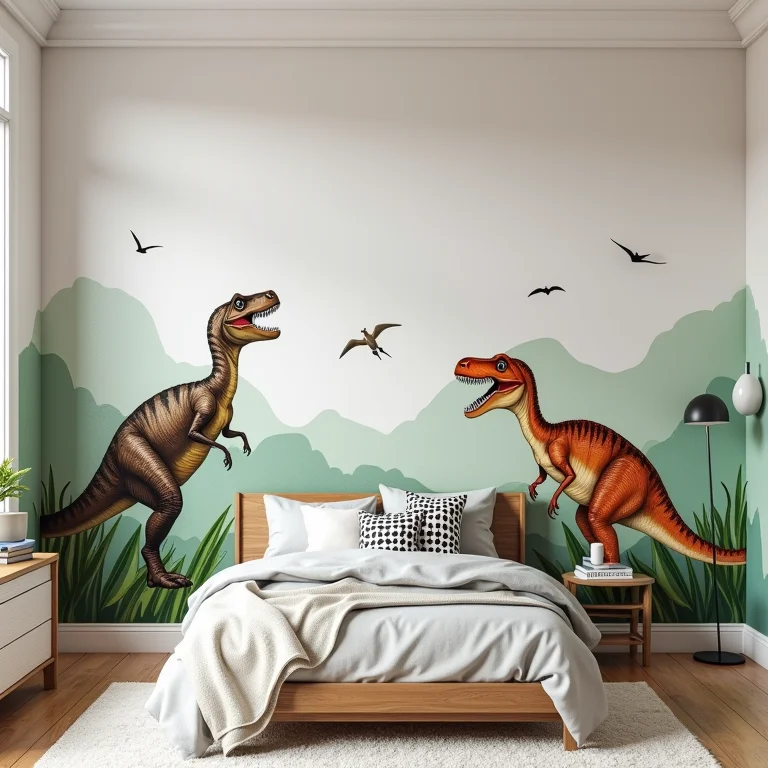 Adesivos de dinossauros decorando a parede de um quarto infantil
