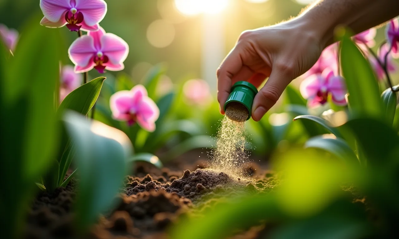 Adubo orgânico sendo aplicado em orquídeas em um jardim exuberante.