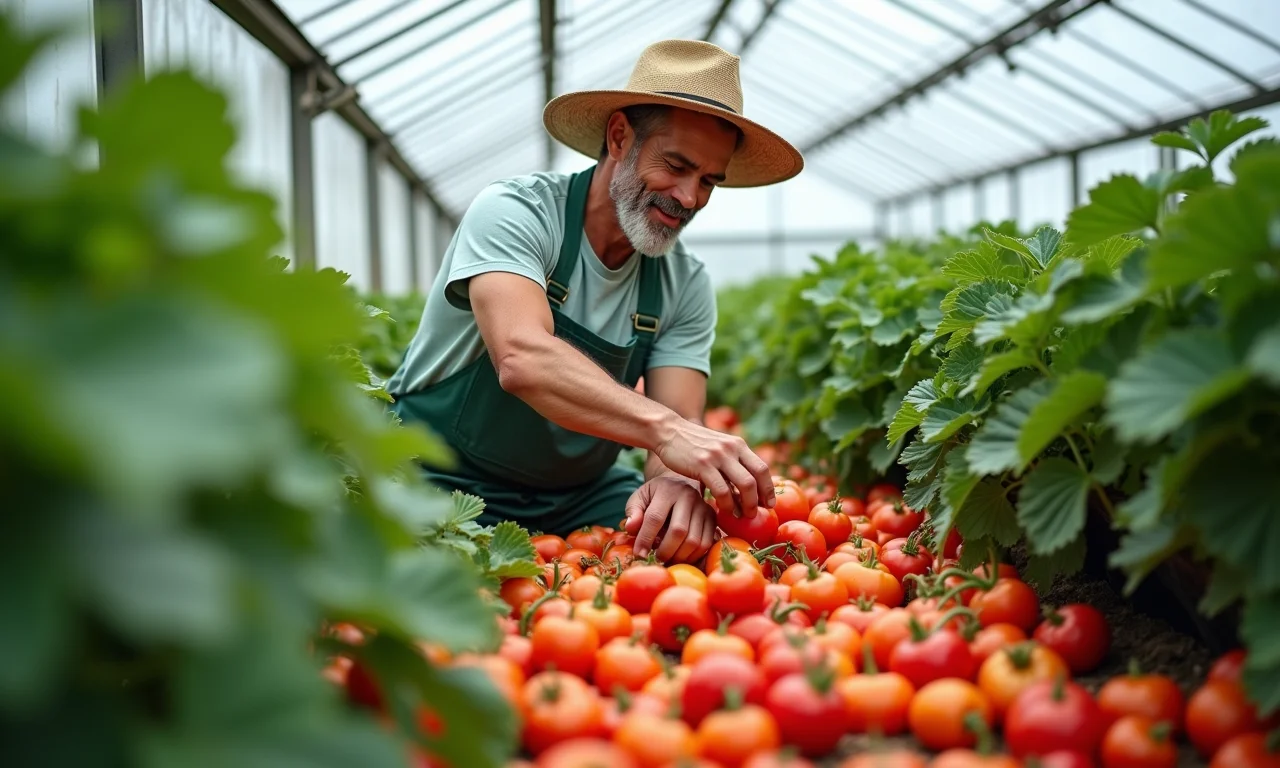 Agricultor colhendo vegetais maduros em estufa, colheita abundante.