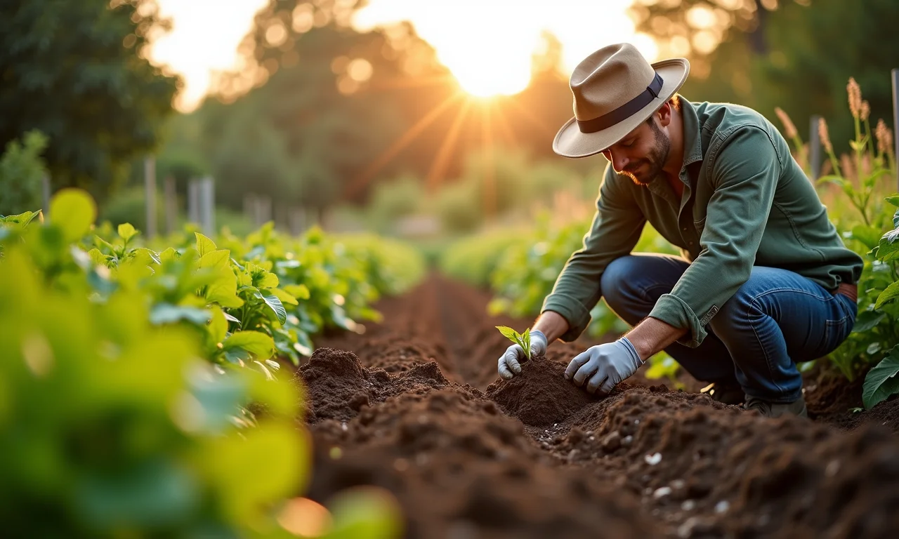 Agricultor cuidando de sua horta orgânica com práticas sustentáveis.