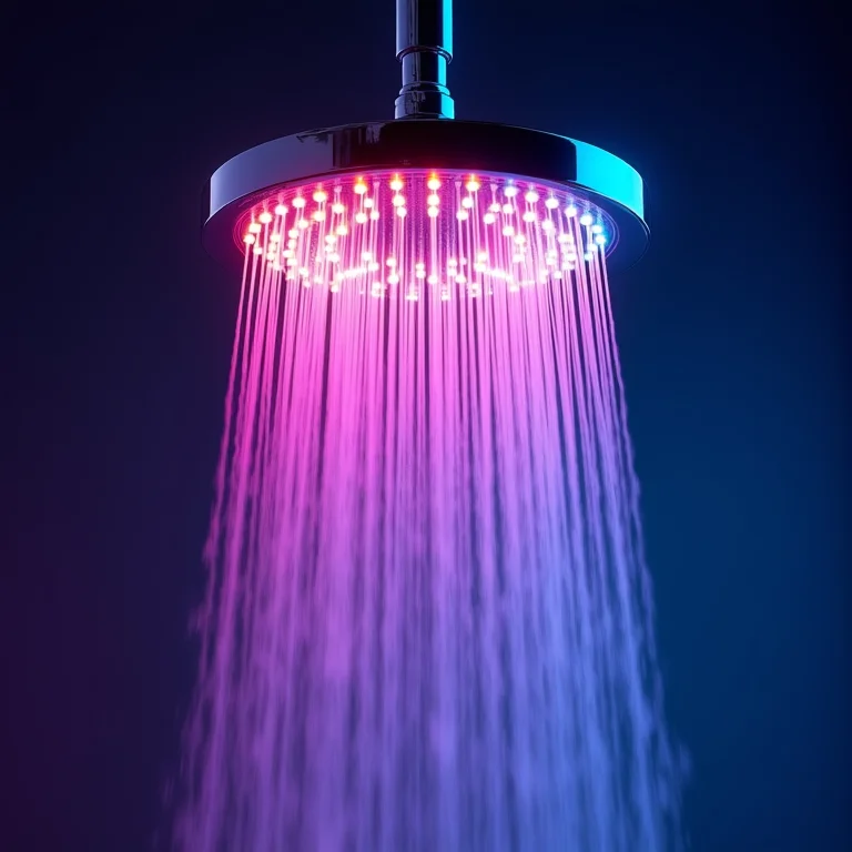 Água caindo de um chuveiro LED com cores vibrantes