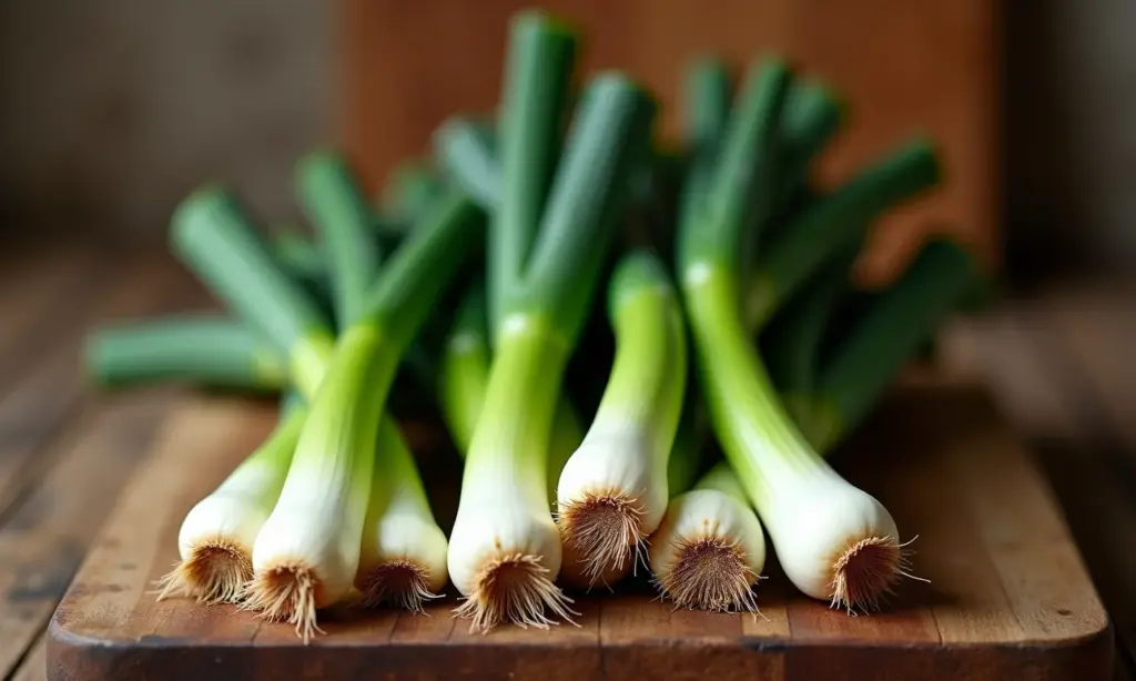 Como Plantar Alho Poró Sabor Suave Na Sua Cozinha Alho poró fresco colhido em cozinha rústica e vibrante.
