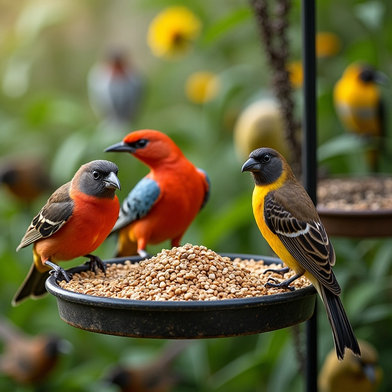 Alimentadores com sementes e insetos atraindo diversas espécies de pássaros para a horta.