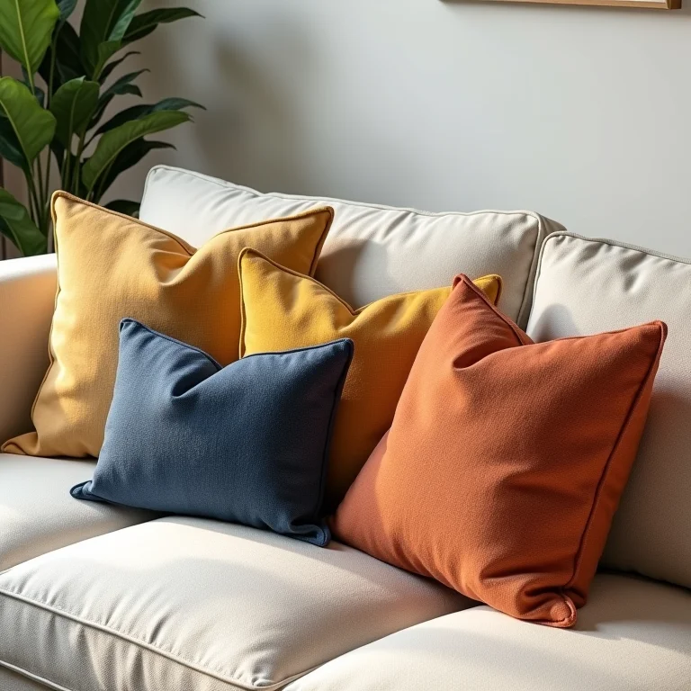 Almofadas boho em tons de terracota, amarelo mostarda e azul profundo