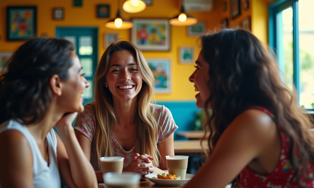 Amigos brasileiros conversando em café colorido, compartilhando dúvidas e sorrindo.