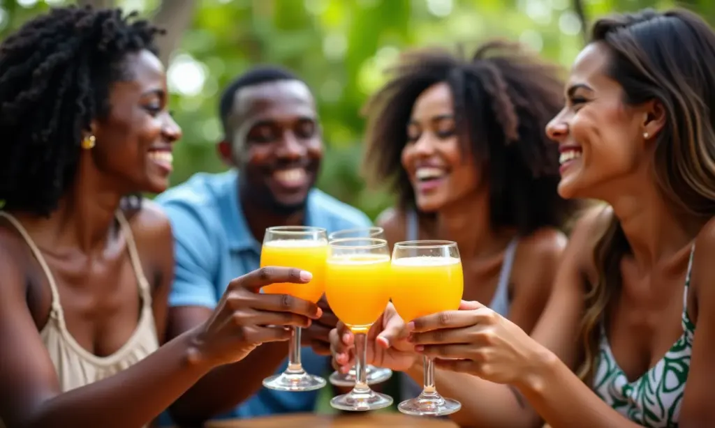Amigos brindando com caipirinhas, simbolizando segurança financeira e escolhas inteligentes de seguro.