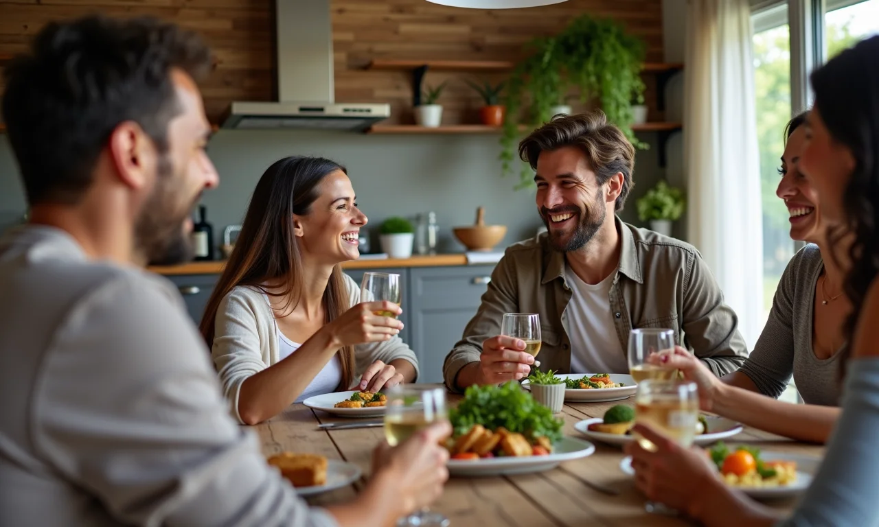 Amigos reunidos em cozinha e sala de jantar integradas, desfrutando de uma refeição com alegria.