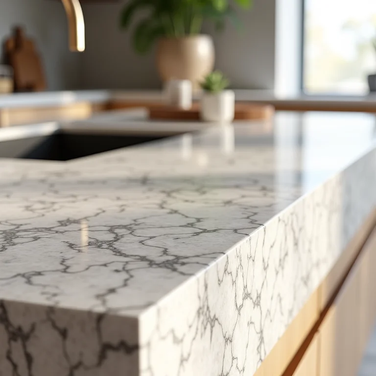 Amostras de bancadas de cozinha americana em diferentes materiais: madeira, granito e mármore.