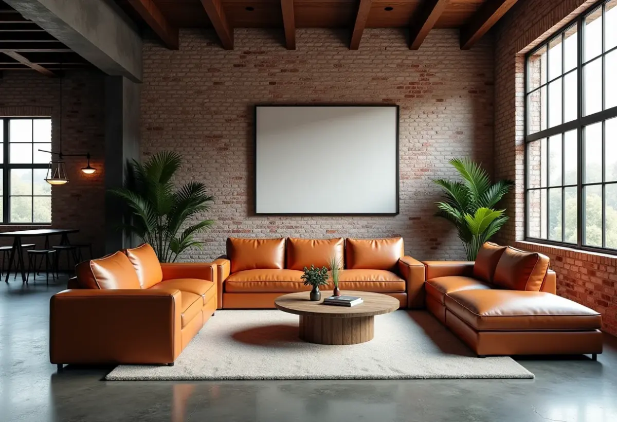 Ampla sala de estar em estilo loft industrial com sofá de couro