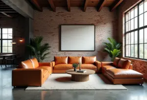 Ampla sala de estar em estilo loft industrial com sofá de couro