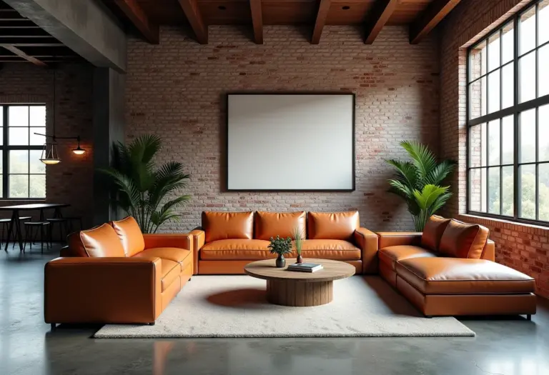 Ampla sala de estar em estilo loft industrial com sofá de couro