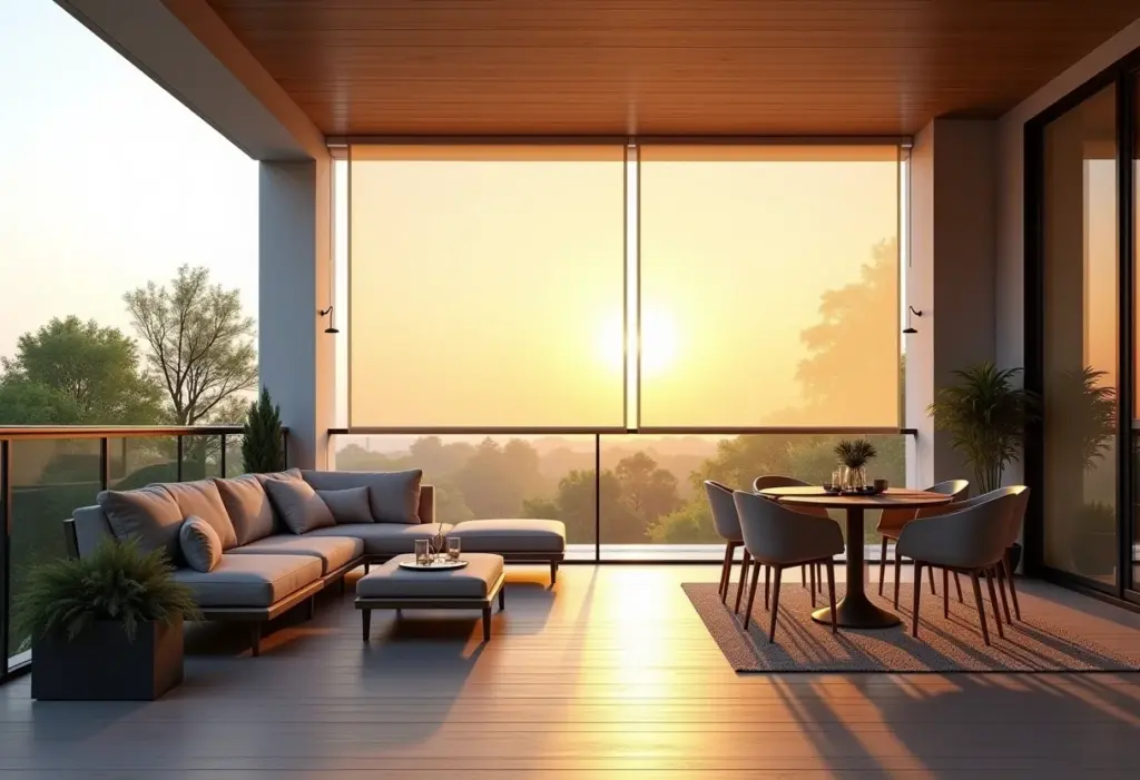 Ampla varanda gourmet com cortina rolô parcialmente aberta.