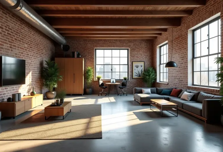 Amplo loft com estilo industrial, paredes de tijolo aparente e iluminação natural.