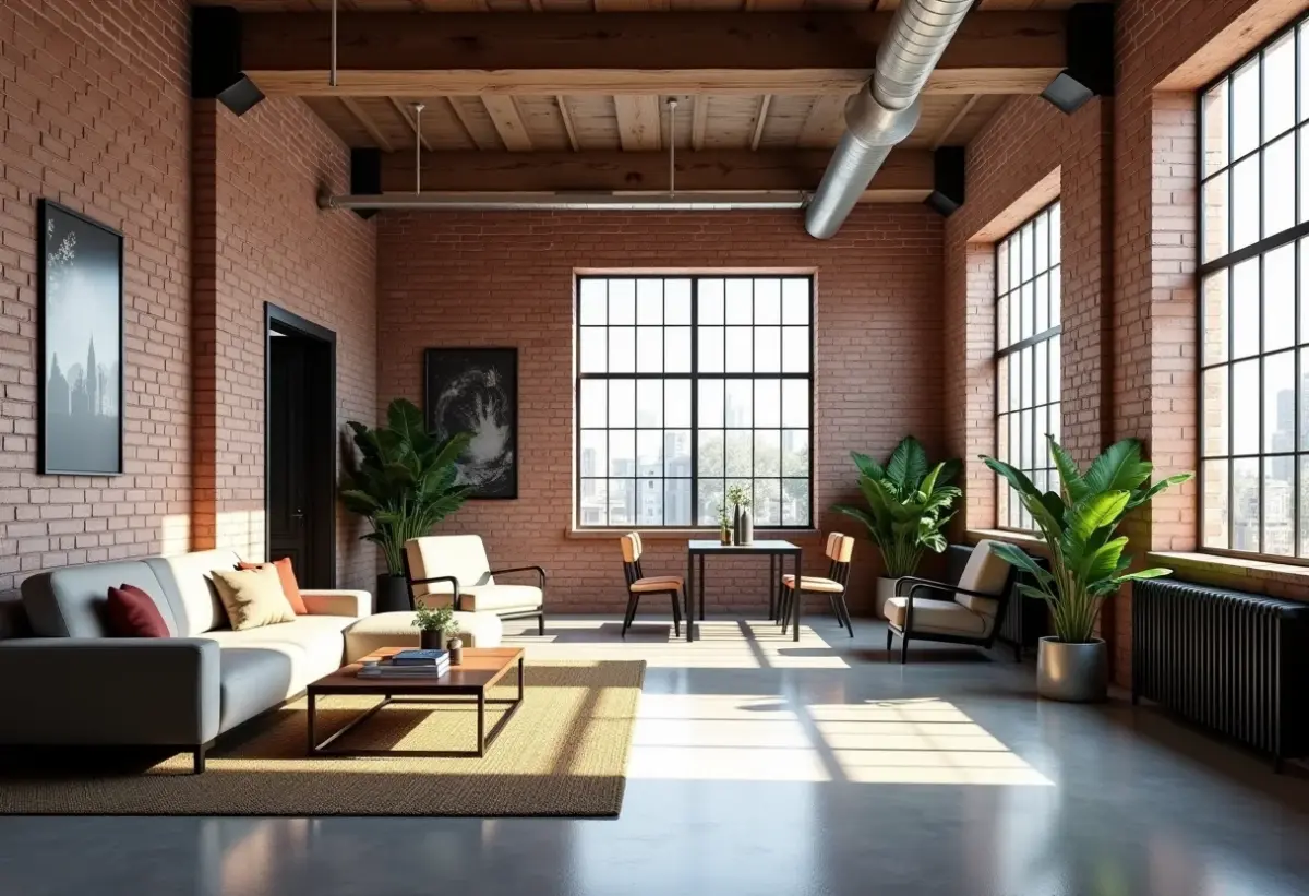 Amplo loft com paredes de tijolo aparente e decoração industrial minimalista