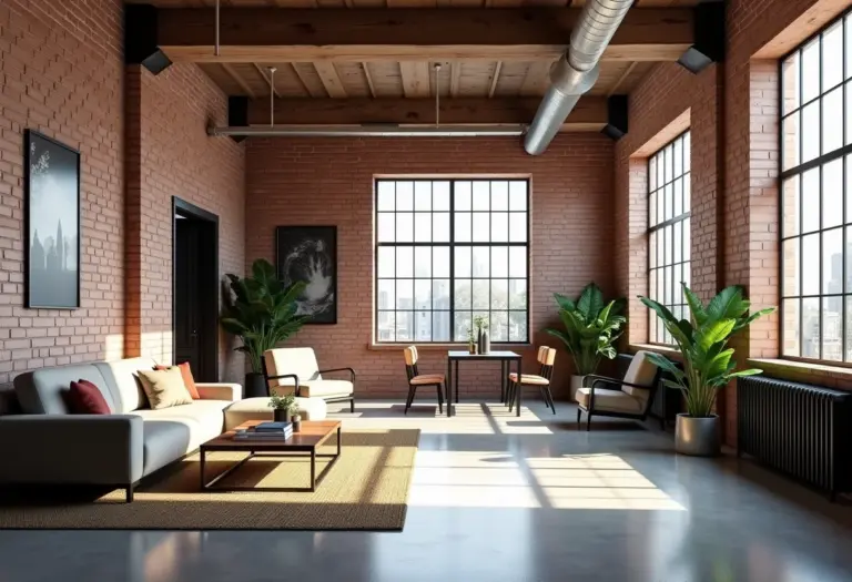 Amplo loft com paredes de tijolo aparente e decoração industrial minimalista