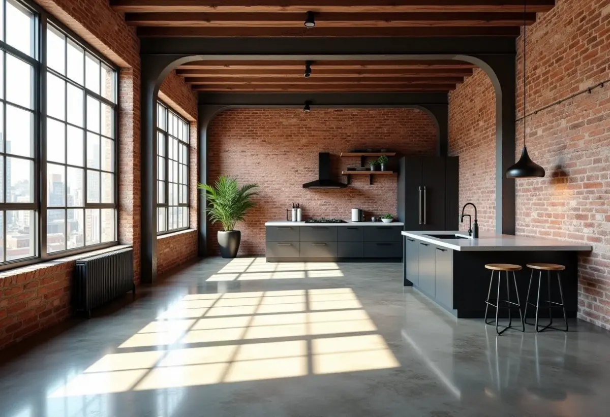 Amplo loft com paredes de tijolo aparente e decoração industrial.