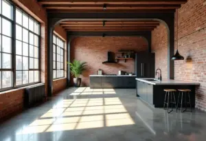 Amplo loft com paredes de tijolo aparente e decoração industrial.
