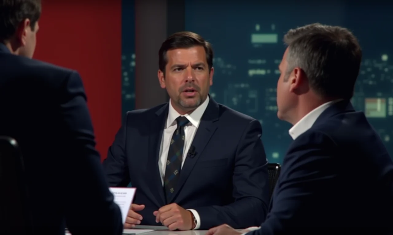 Âncoras de telejornal reportando um escândalo, representando o papel da mídia.