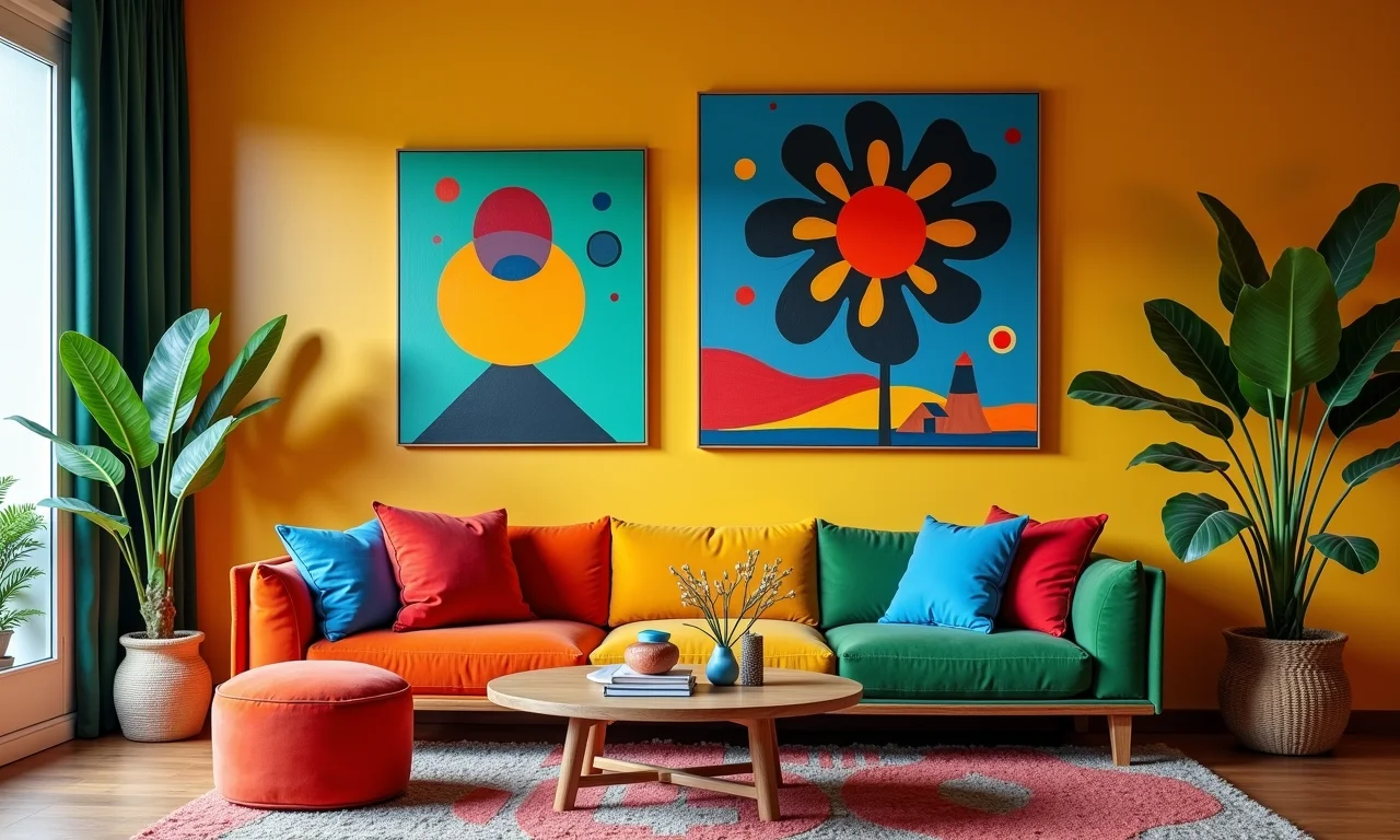 Apartamento brasileiro colorido inspirado em Joan Miró com pinturas abstratas.